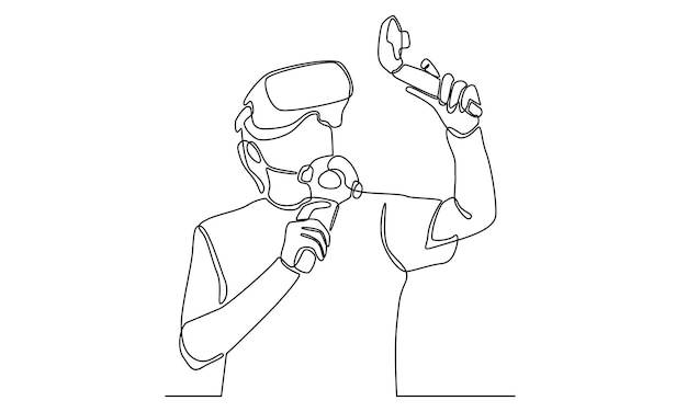 continuous line of man in glasses device virtual reality