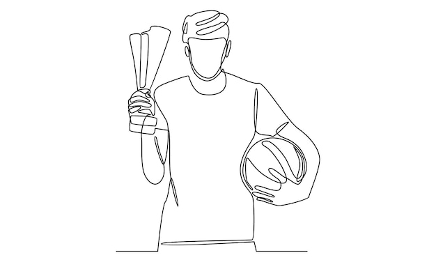 Continuous line of man holding trophy and basketball