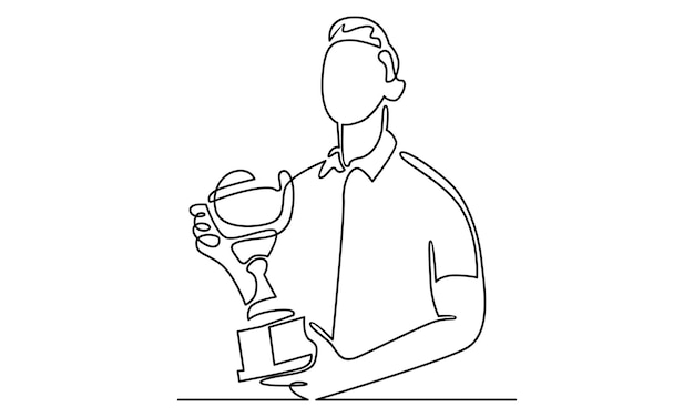 Continuous line of man holding a trophy cup illustration
