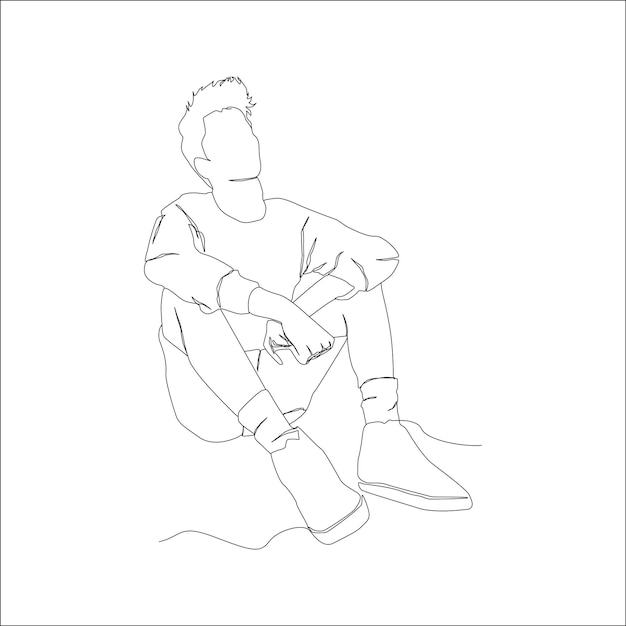 Непрерывная линия человека, сидящего и смотрящего вверх Простая векторная иллюстрация, нарисованная вручную