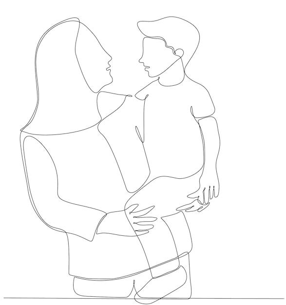 continuous line mother holding baby