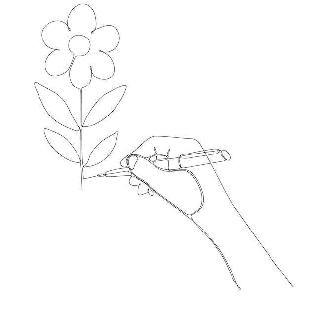 花を描く手とペンの連続線