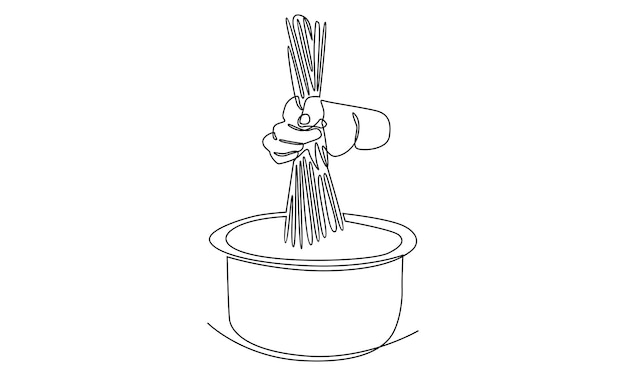Непрерывная линия руки кладет спагетти в кастрюлю