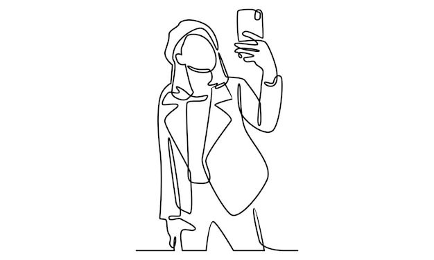 女性の連続ラインは、電話のカメラのイラストで自分撮りを取ります