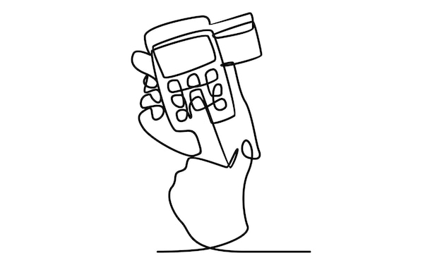 Continuous line of payment terminal and male hand holding credit card illustratio