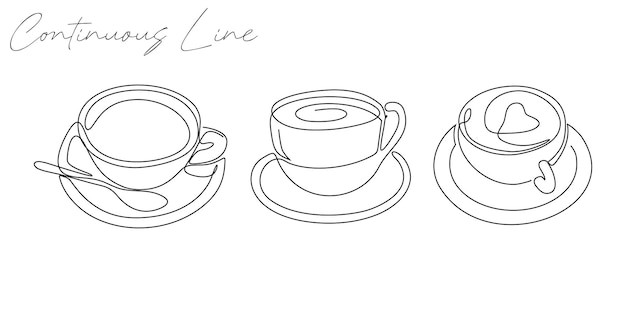 Vector continuous line set bundle cup of coffee white background