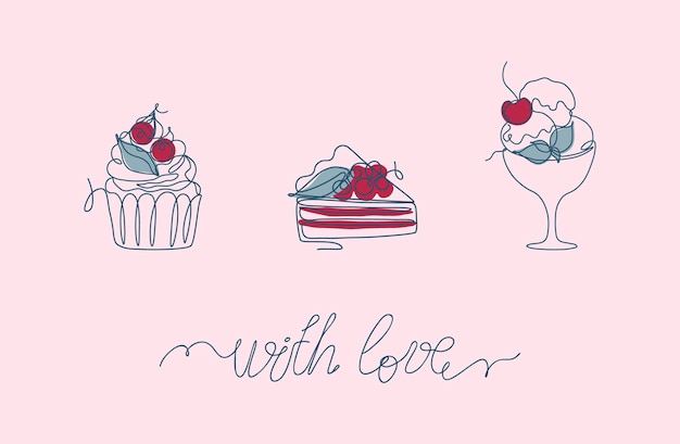 Continuous line set of cupcake, pie and ice-cream on pink background. With love lettering.