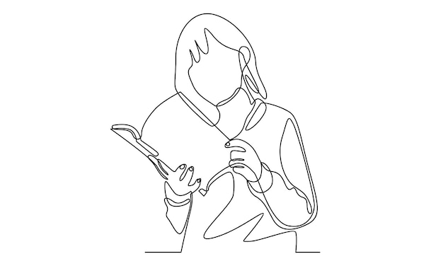 continuous line of standing woman reading book