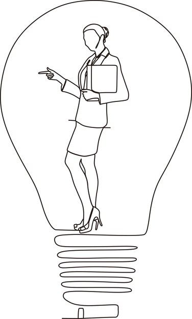 Vector continuous line of stylish office worker woman inside lamp