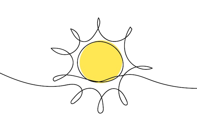 연속 라인 태양 예술 단일 라인 스케치  ⁇ 빛 여름 여행 개념 아이콘 뜨거운 밝은 하늘 날씨