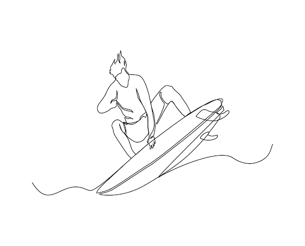 서퍼와 파도의 연속 라인 바다 손으로 그린 미니멀리즘 스타일의 서핑