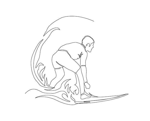 바다에서 서핑의 연속 라인 서퍼와 웨이브 손으로 그린 미니멀리즘 스타일
