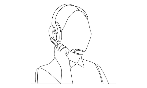 continuous line of a technical support staff member with headphones