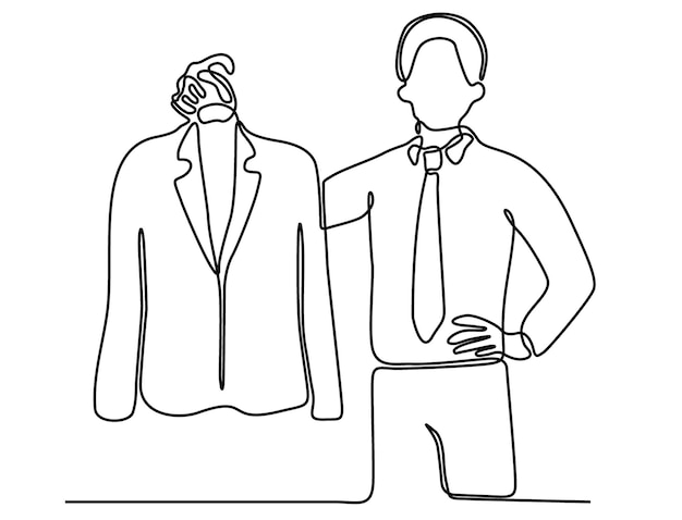 Vector continuous line vector illustration of businessman holding office suit