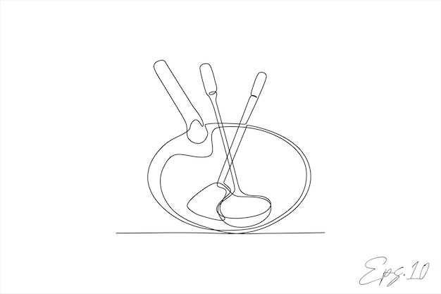 continuous line vector illustration of frying pan with spatula