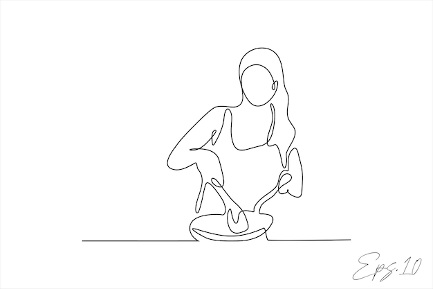 continuous line vector illustration of woman cooking
