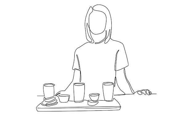 Continuous line of the waiter carries food on a tray