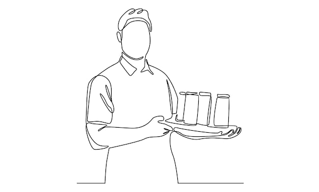 continuous line of waiter holding a serving tray