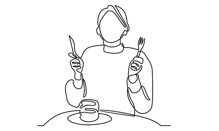 朝食イラストのパンケーキを食べる女性の連続ライン