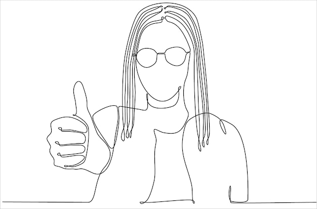 Continuous line of woman giving thumbs up symbol of success premium vector premium vector