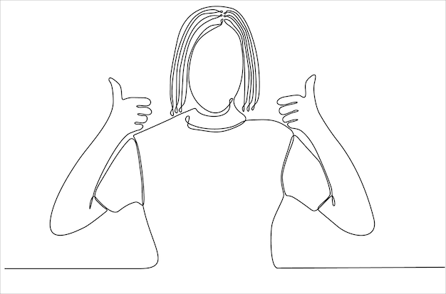 Continuous line of woman giving thumbs up symbol of success premium vector premium vector