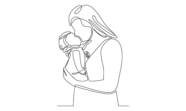 Continuous line of woman hold her baby. happy mother day