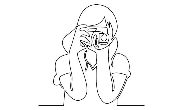 Vector continuous line of woman holding digital camera illustration