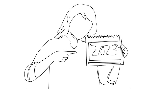 continuous line of woman holding loose-leaf calendar