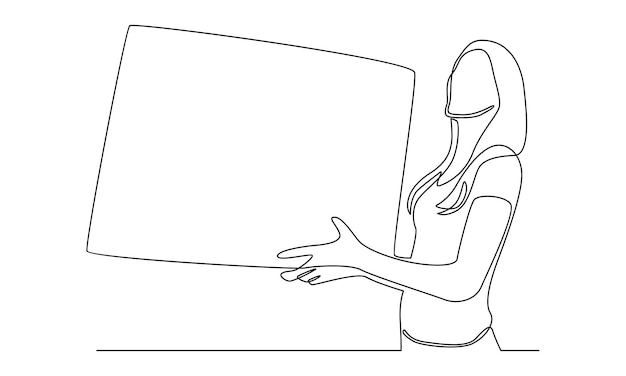 Continuous line of woman holding white blank board