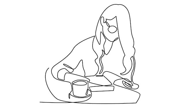 Continuous line of woman reading a book illustration