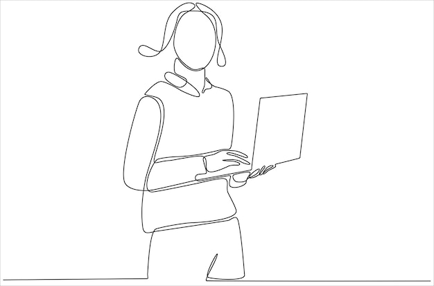 Linea continua di donna in piedi e in possesso di laptop isolato su sfondo bianco premium vettore