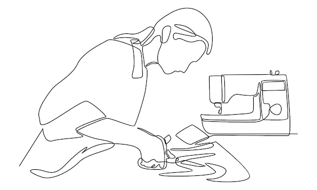 continuous line of woman using sewing machine