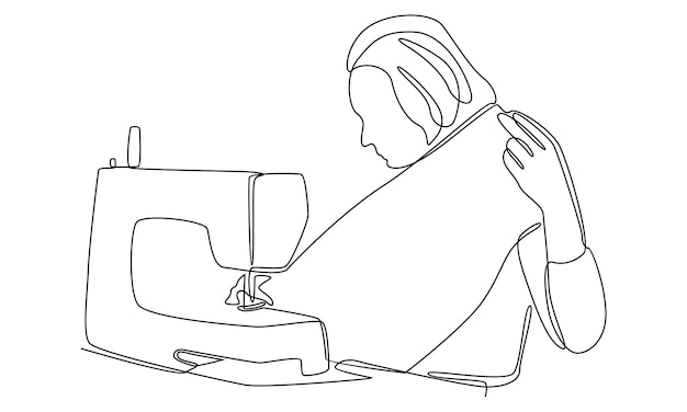 continuous line of woman using sewing machine