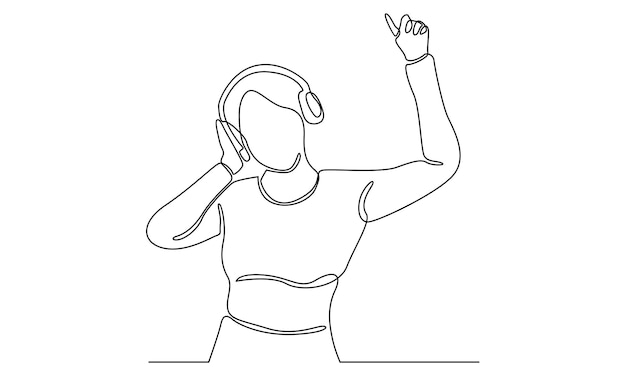 continuous line of woman with earphone listening music enjoy and happy