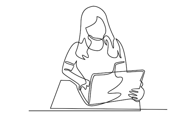 Continuous line of woman working on the laptop computer illustration