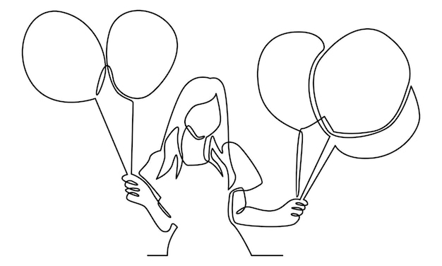Vector continuous line of young girl holding balloons illustration