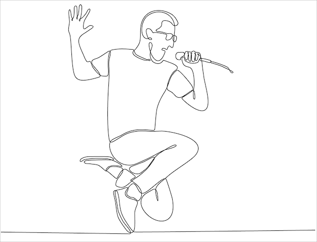 continuous line young male singer holding microphone and singing premium vector