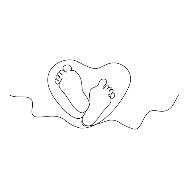 Непрерывная маленькая детская ножка с линейной векторной иллюстрацией в форме сердца