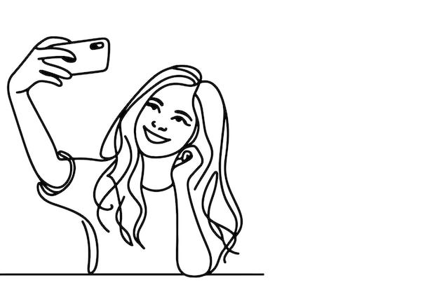 continuous one black line art drawing cheerful young girl holding smartphone taking acting selfie