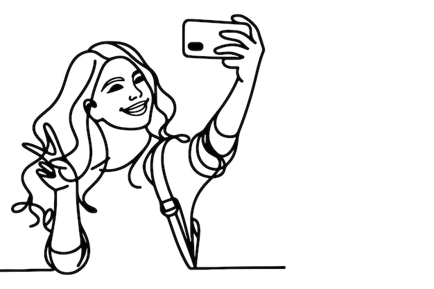 continuous one black line art drawing cheerful young girl holding smartphone taking acting selfie