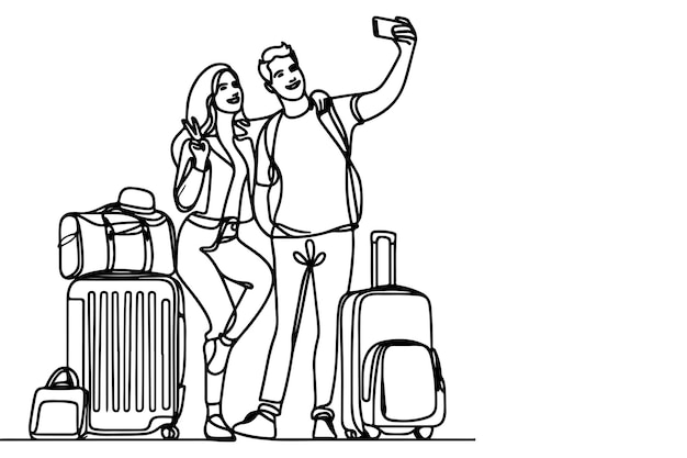 непрерывная черная линия рисует веселого молодого мужчину и девушку, держащих смартфон