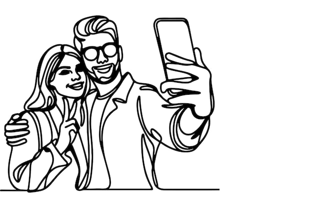 Continuous one black line art drawing cheerful young man and girl holding smartphone