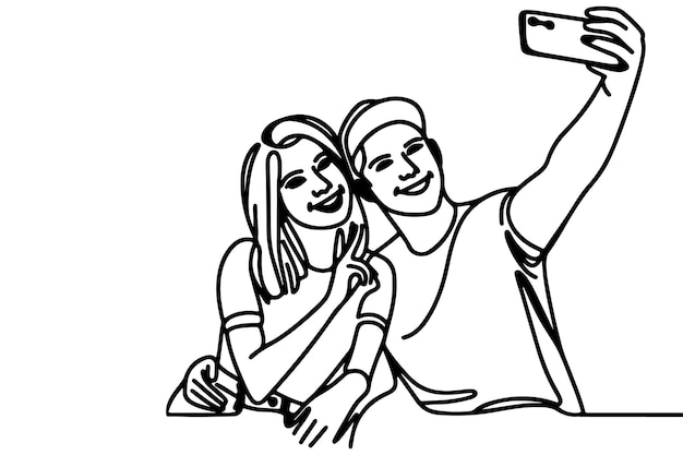 continuous one black line art drawing cheerful young man and girl holding smartphone