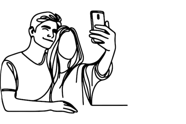 continuous one black line art drawing cheerful young man and girl holding smartphone