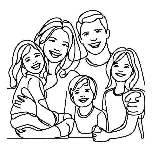 Vector continuous one black line art drawing happy family father and mother with child doodles style vector illustration on white