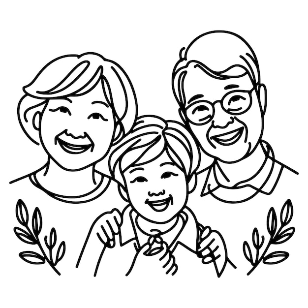 Vector continuous one black line art drawing happy family father and mother with child doodles style vector illustration on white