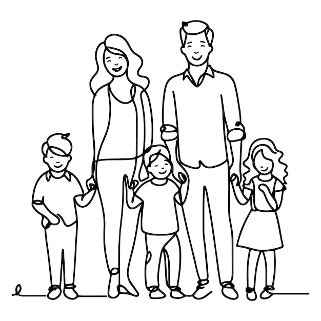 Vector continuous one black line art drawing happy family father and mother with child doodles style vector illustration on white