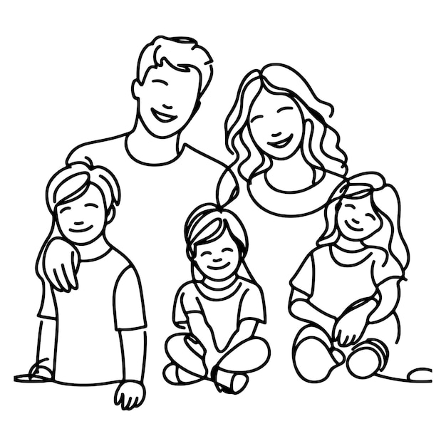 Vector continuous one black line art drawing happy family father and mother with child doodles style vector illustration on white