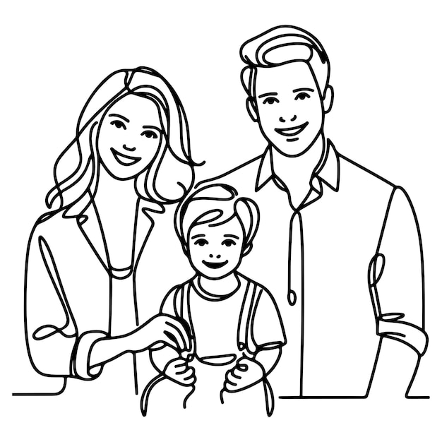Vettore un'arte a linea nera continua che disegna una famiglia felice, padre e madre, con scarabocchi di bambini.