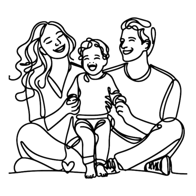 Vector continuous one black line art drawing happy family father and mother with child doodles